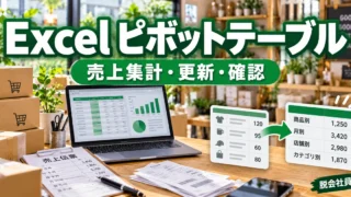 Excelピボットテーブルの売上集計・更新・確認を示す説明用イメージ