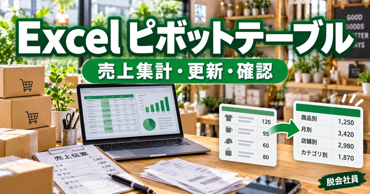 Excelピボットテーブルの売上集計・更新・確認を示す説明用イメージ