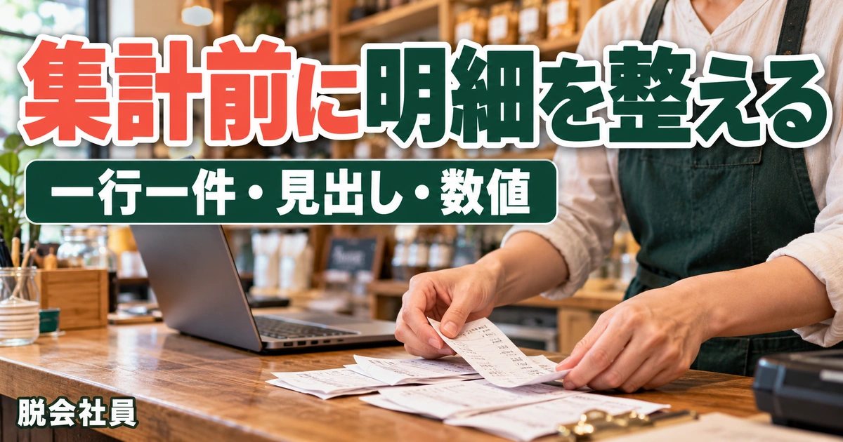 明細を一行一件に揃えて整理する説明用イメージ
