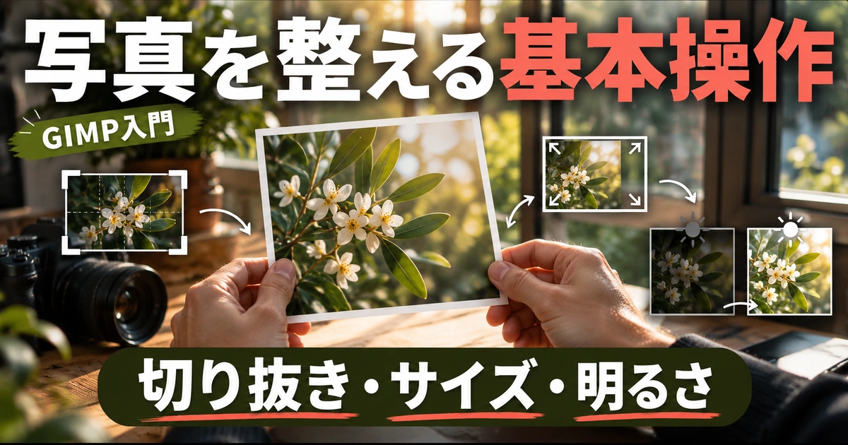 写真を整える|切り抜き・拡大縮小・明るさを練習する(説明用生成イメージ)