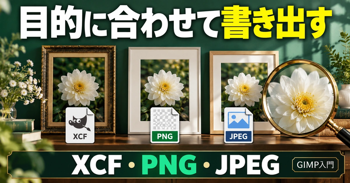 書き出しとトラブル対処|XCF・PNG・JPEGを使い分ける(説明用生成イメージ)