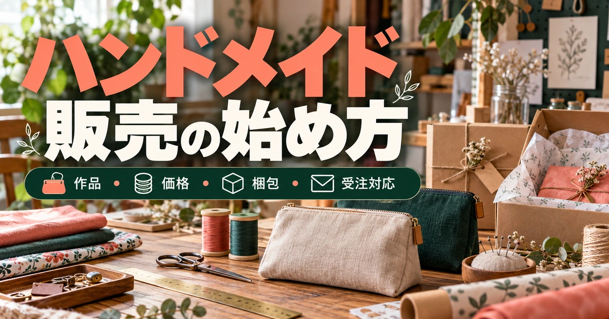 ハンドメイド販売の始め方。作品・価格・梱包・受注対応を説明する生成イメージ