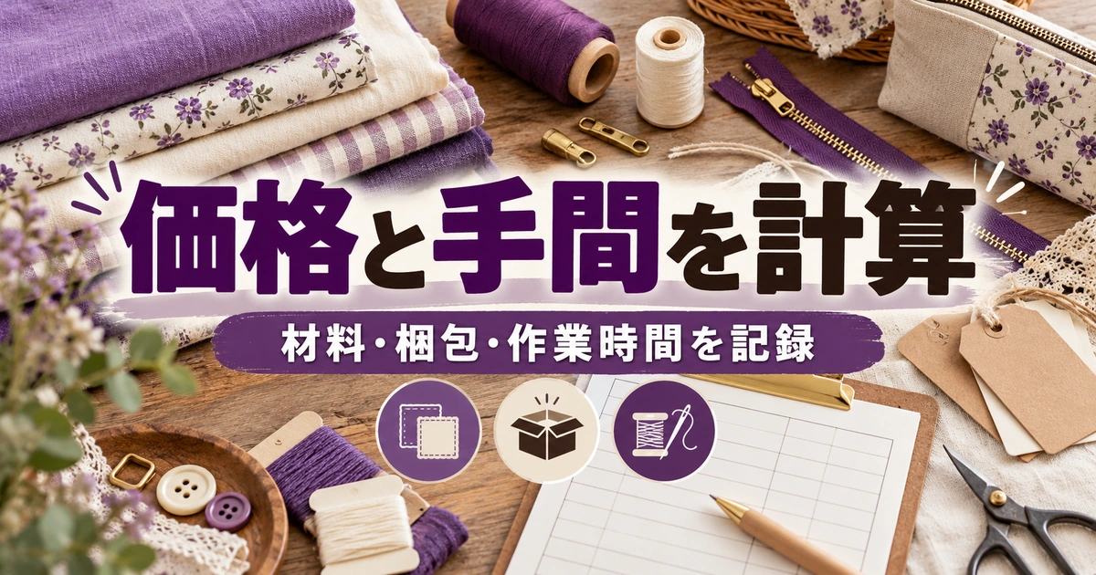 価格と手間を計算。材料・梱包・作業時間を記録を説明する生成イメージ