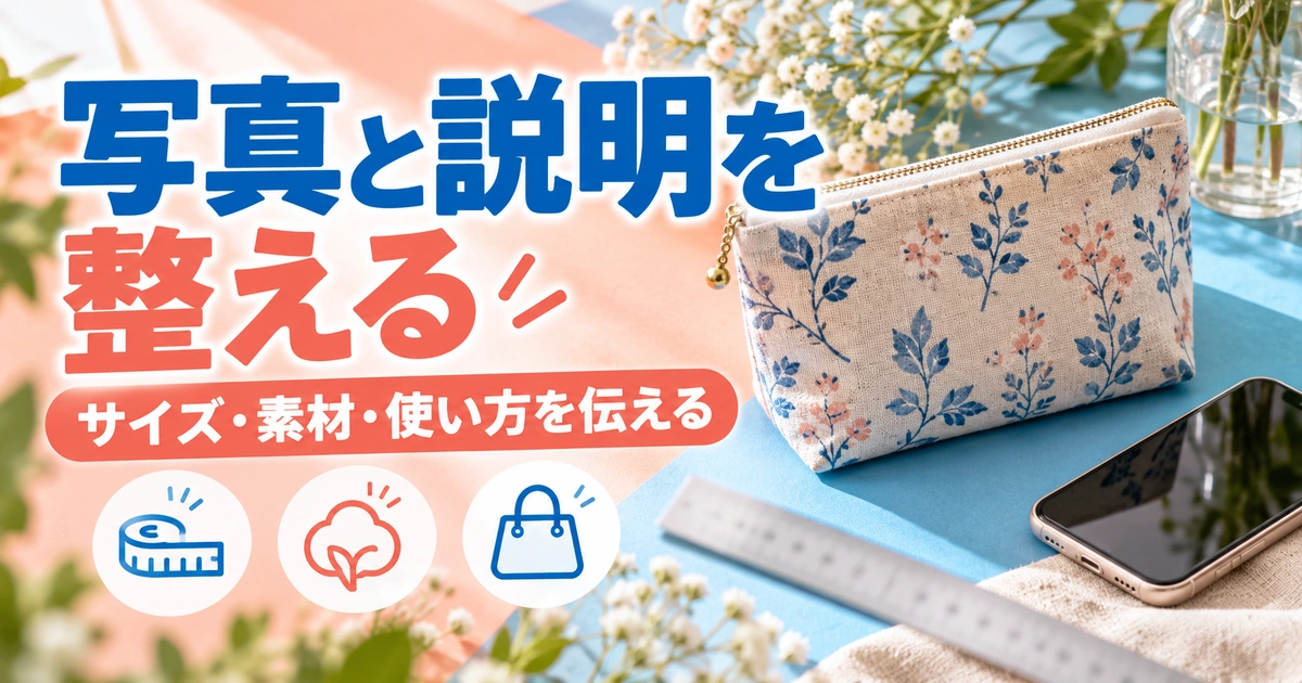写真と説明を整える。サイズ・素材・使い方を伝えるを説明する生成イメージ