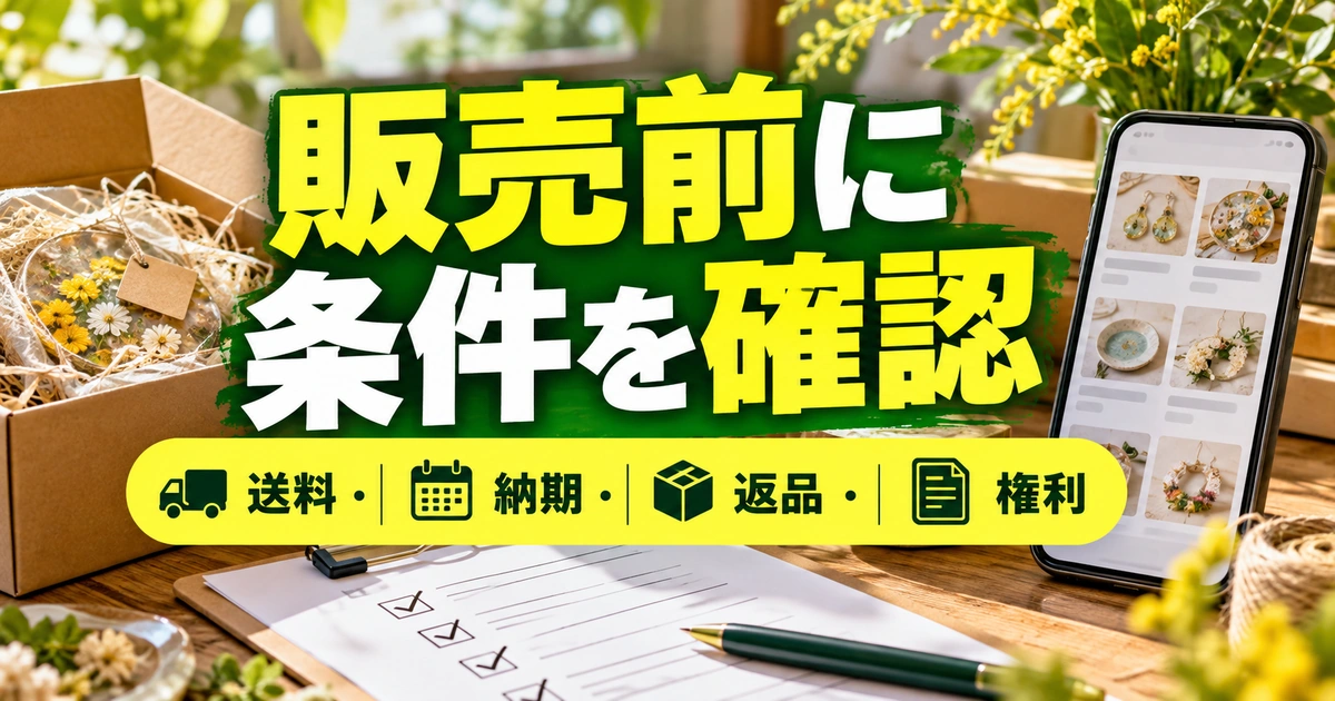 販売前に条件を確認。送料・納期・返品・権利を説明する生成イメージ