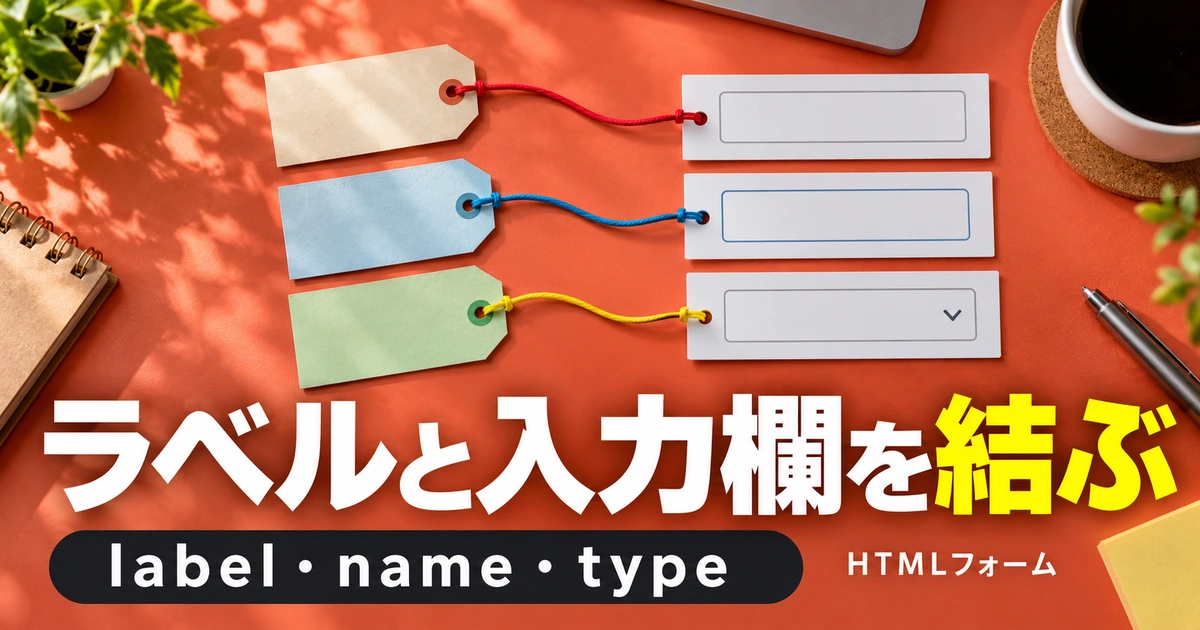 入力欄を作る｜label・name・type・選択肢の基本（説明用生成イメージ）