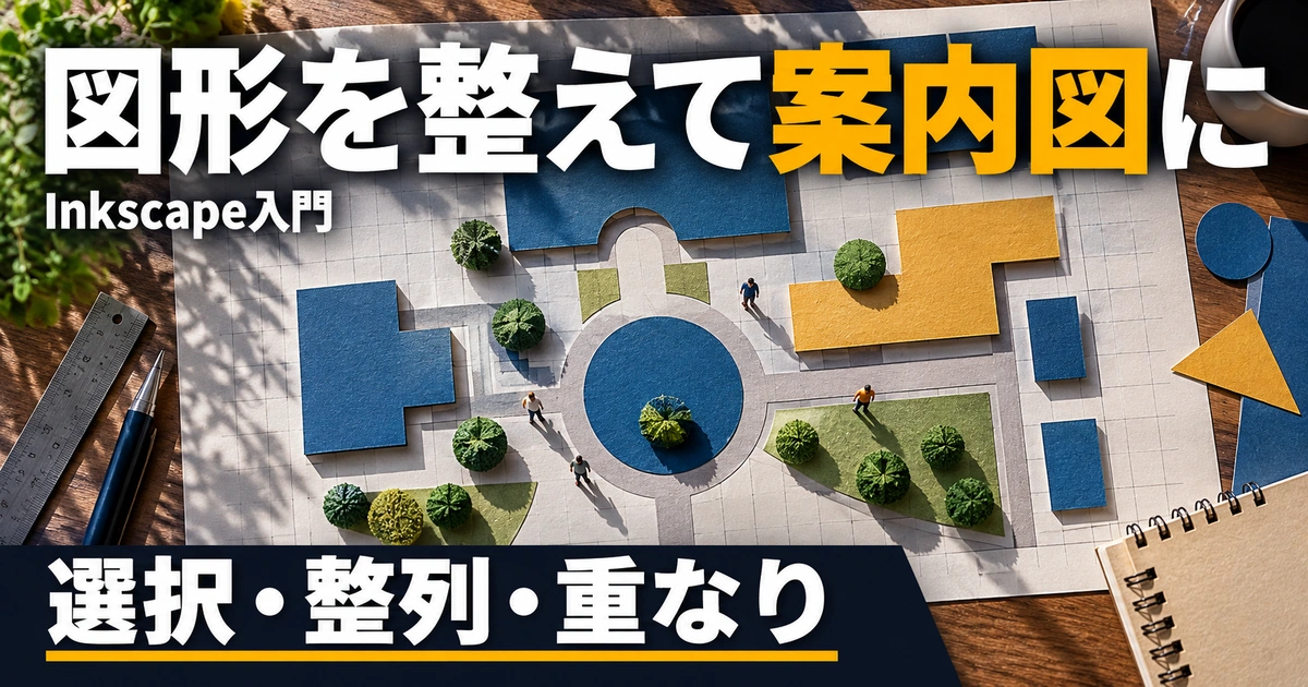 図形で案内図を作る|選択・整列・重なりを整理する(説明用生成イメージ)