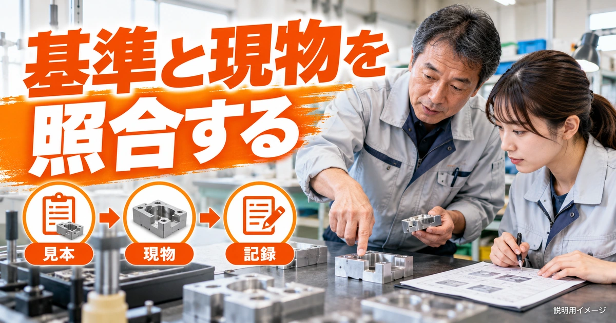 作業は、基準を確認してから現物を見て記録する順に進むを説明する生成イメージ