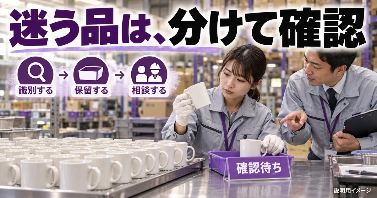 判断に迷う品やミスを見つけたら、保留して早めに報告するを説明する生成イメージ