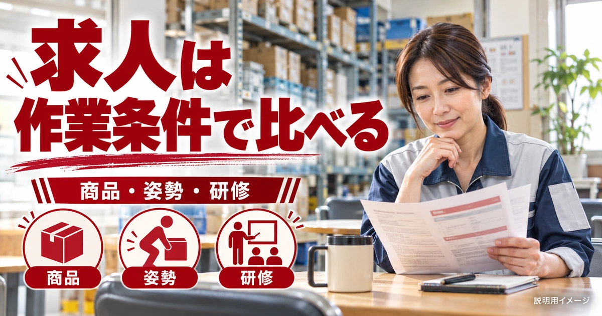 求人は、商品・姿勢・研修・勤務条件をそろえて比較するを説明する生成イメージ