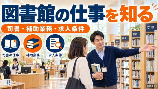 図書館の仕事には何がある？司書・補助業務・求人条件の読み方を説明する生成イメージ