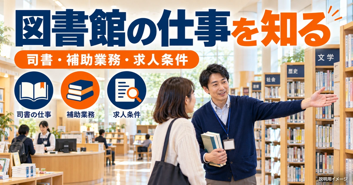 図書館の仕事には何がある？司書・補助業務・求人条件の読み方を説明する生成イメージ