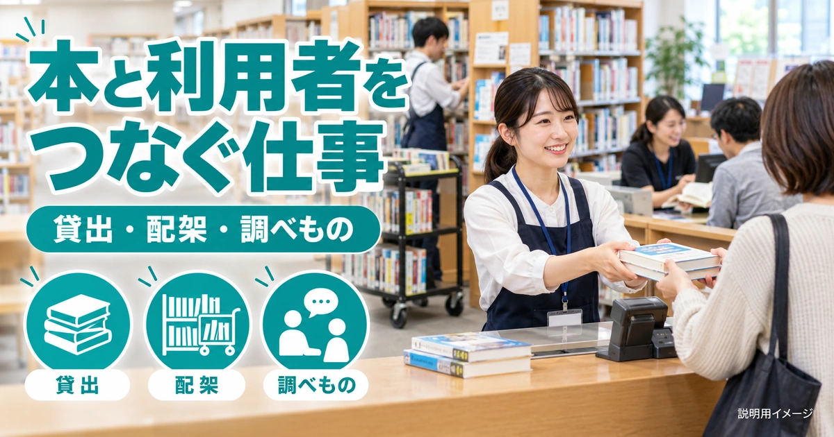 図書館の仕事は、本を管理し、利用者が情報へたどり着くことを支えるを説明する生成イメージ