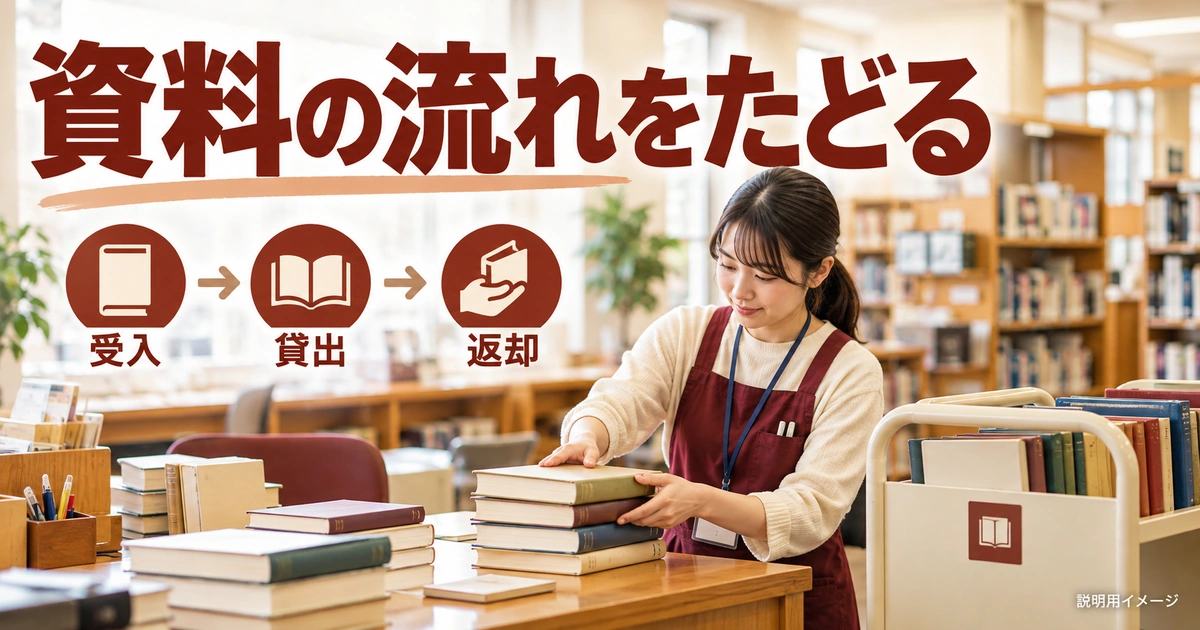 資料は、受け入れから返却後の整理まで多くの工程を通るを説明する生成イメージ