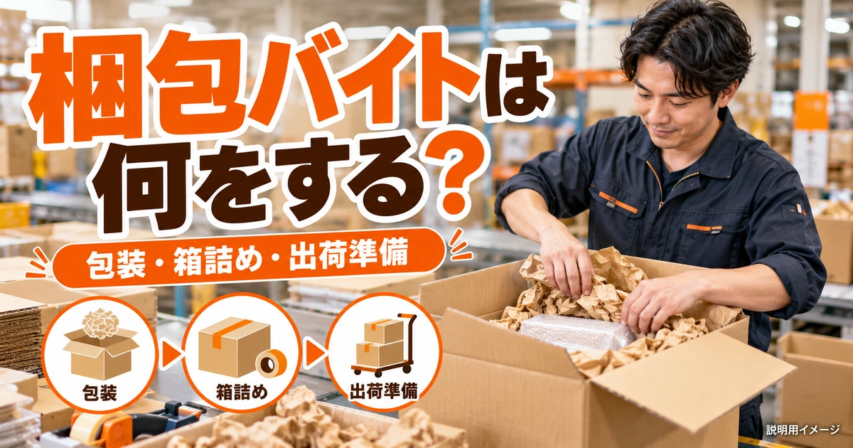 梱包バイトは何をする？包装・箱詰め・出荷準備と求人の確認点を説明する生成イメージ
