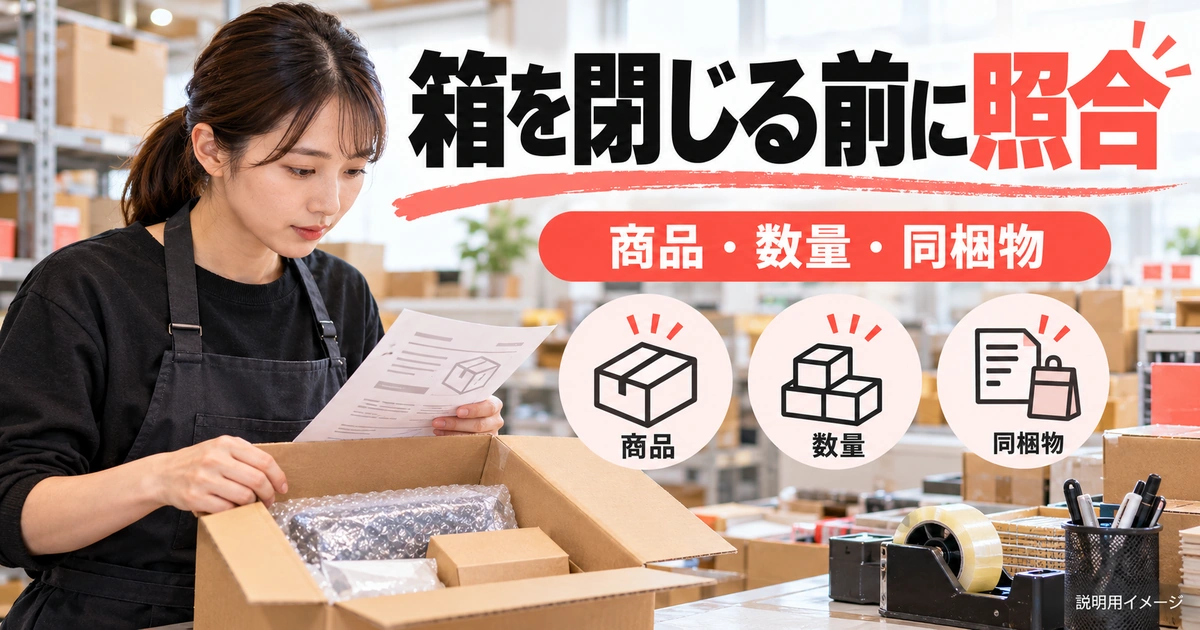 箱を閉じる前に、商品・数量・同梱物を照合するを説明する生成イメージ