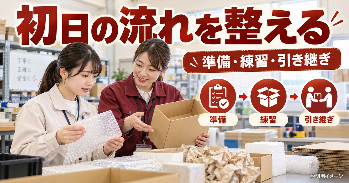 初日は完成見本と相談先を覚え、引き継ぎまで丁寧に進めるを説明する生成イメージ
