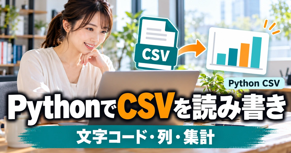 PythonでCSVを読み書きする方法｜文字コード・列・集計の確認手順（説明用生成イメージ）