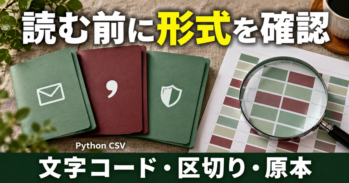 PythonでCSVを扱う準備|文字コード・区切り・原本を確認する(説明用生成イメージ)