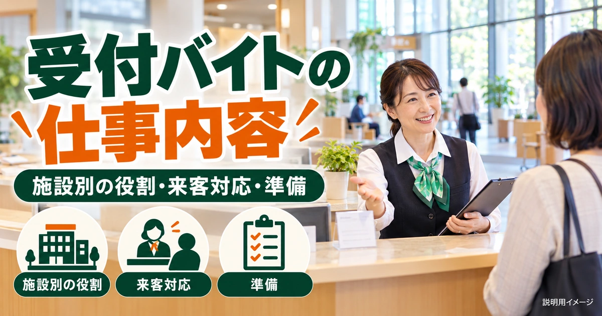 受付バイトの仕事内容｜施設別の役割・来客対応・応募準備を説明する生成イメージ