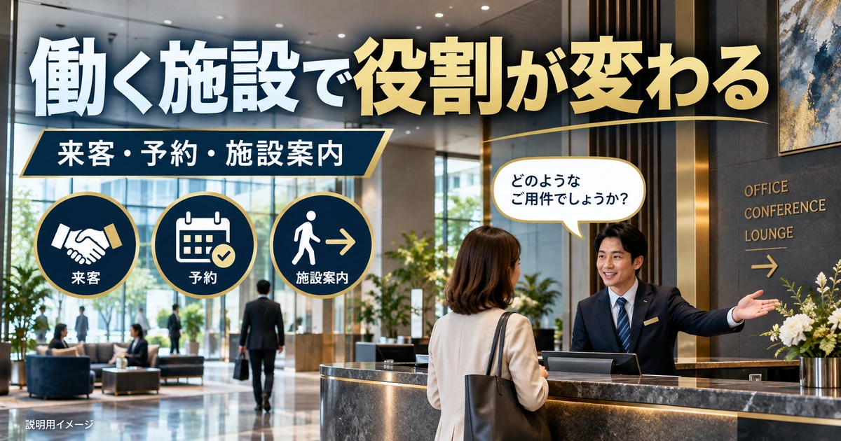 受付バイトの役割は、働く施設と窓口の担当範囲で変わるを説明する生成イメージ