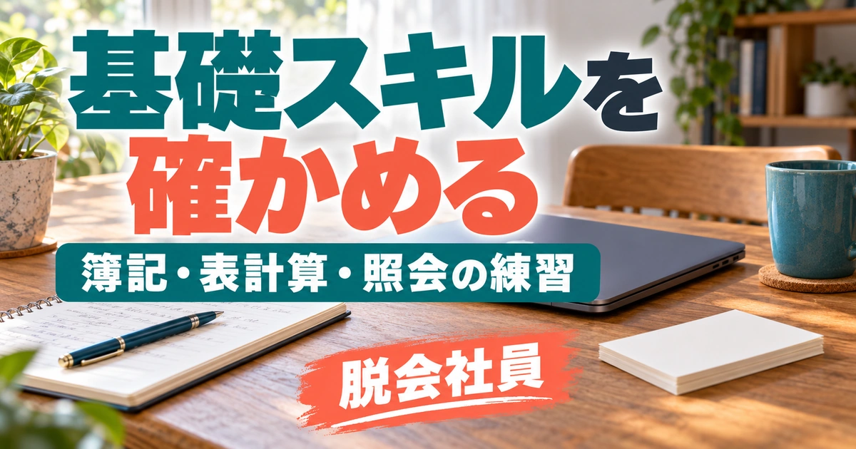 基礎スキルを確かめる。簿記・表計算・照会の練習を説明する生成イメージ