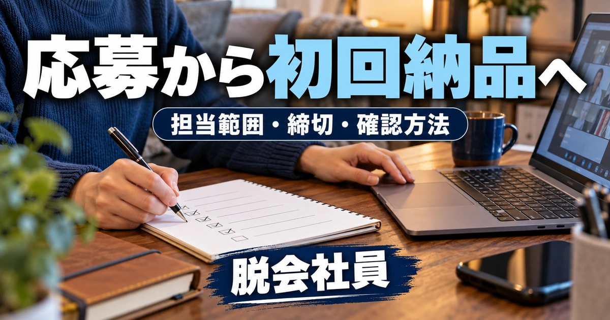 応募から初回納品へ。担当範囲・締切・確認方法を説明する生成イメージ