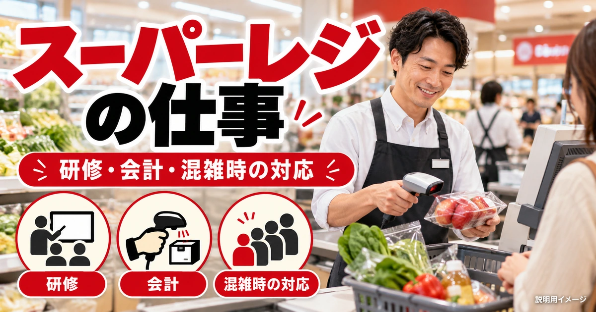 スーパーレジバイトの仕事内容｜研修・会計・混雑時の対応を整理を説明する生成イメージ
