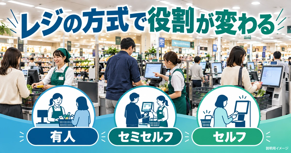 スーパーレジの仕事内容は、会計方式と担当範囲で変わるを説明する生成イメージ
