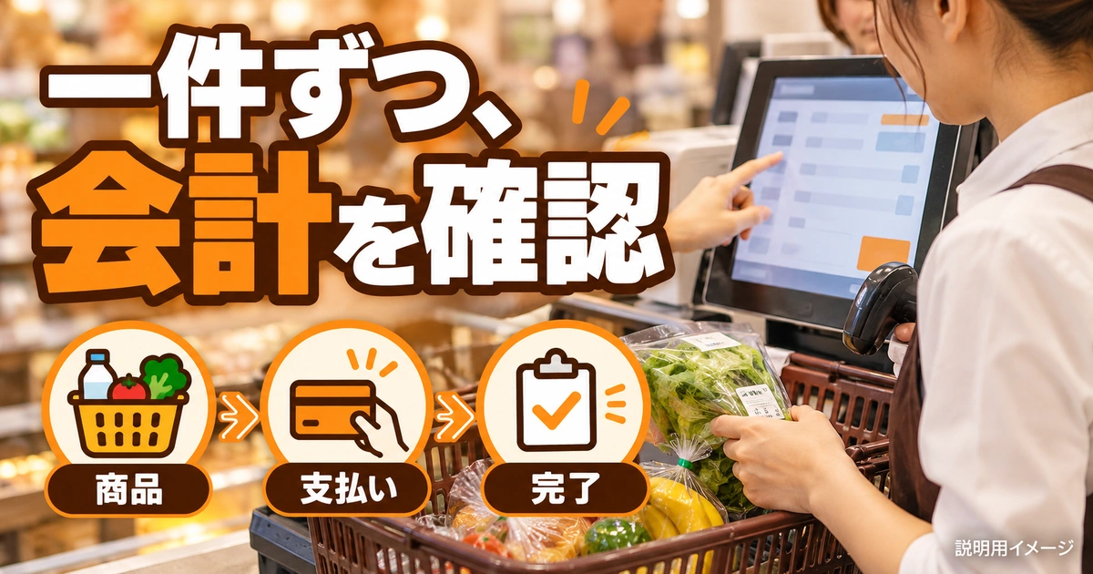 一件の会計を、商品登録・支払い・完了確認の順に覚えるを説明する生成イメージ