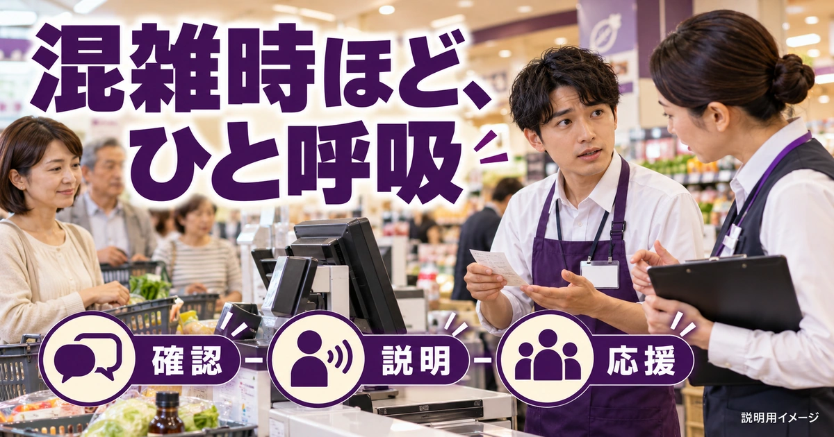 混雑や会計の行き違いは、確認と応援要請で対応するを説明する生成イメージ