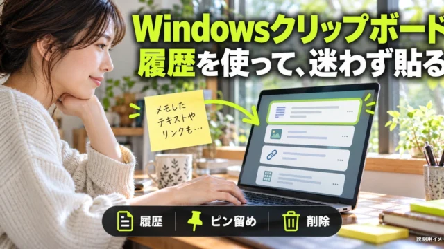 Windowsクリップボードの履歴・ピン留め・削除を説明する生成イメージ