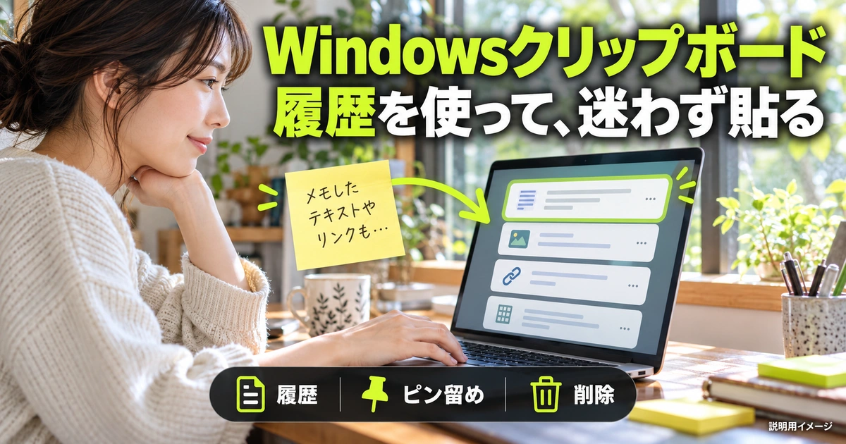 Windowsクリップボードの履歴・ピン留め・削除を説明する生成イメージ