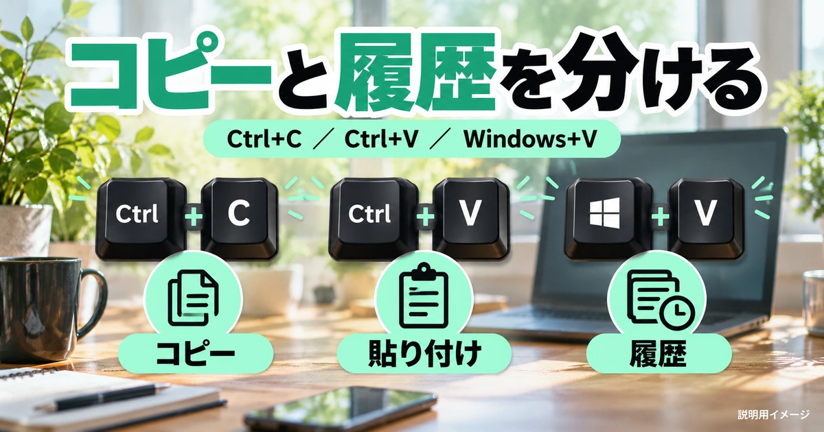 コピー・貼り付け・履歴の三つのショートカットを独立キーで示す生成イメージ