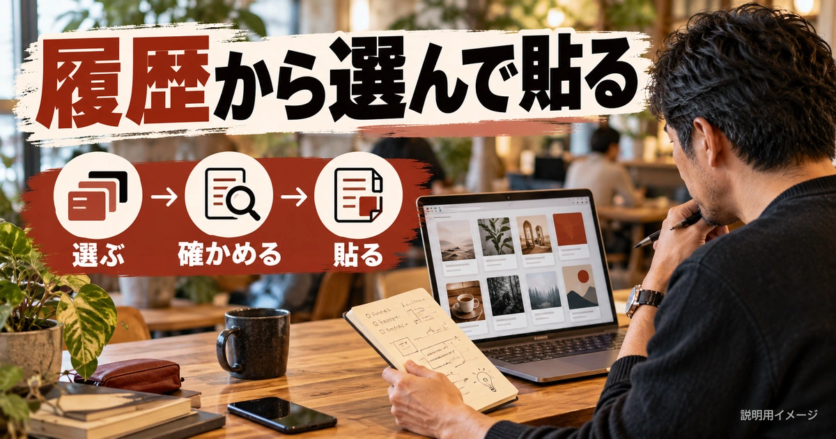 履歴から文章を選んで確かめて貼る流れの生成イメージ