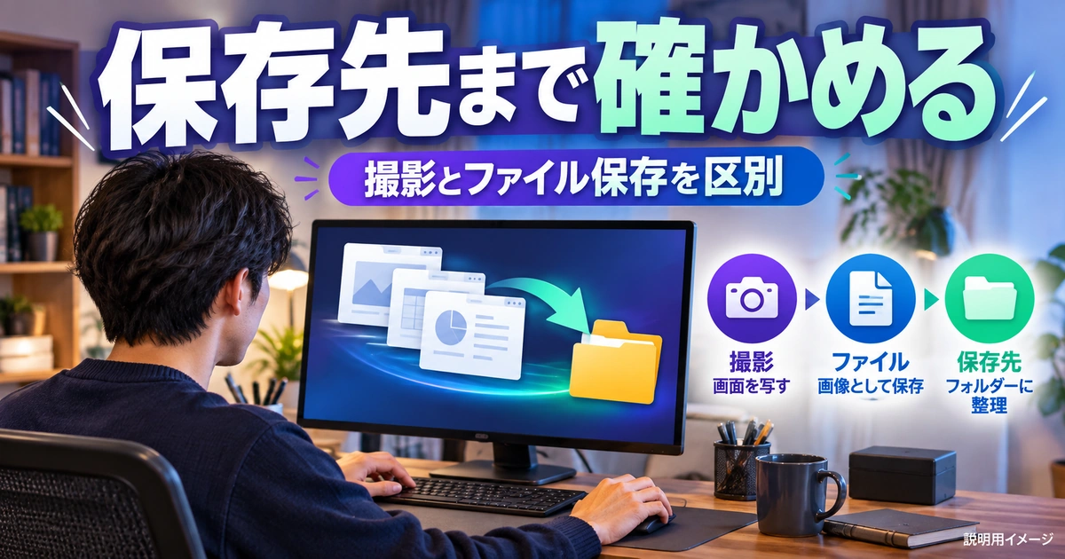 保存先とファイル名を確認し、原本と共有用を分けて残すを説明する生成イメージ