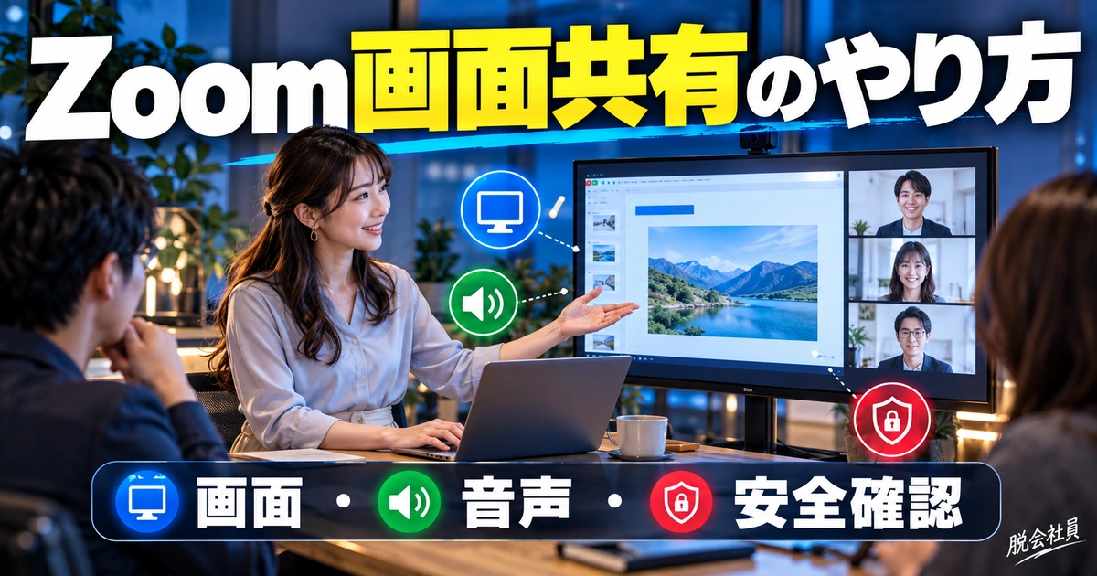 Zoom画面共有のやり方｜ウィンドウ・音声・資料を安全に見せる準備（説明用生成イメージ）