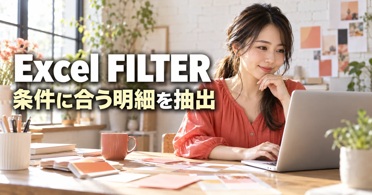 FILTERで条件に合う明細を抽出する女性の説明用生成画像