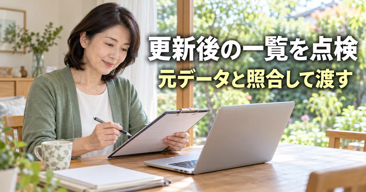 更新後の抽出一覧を元データと照合して渡す説明用生成画像