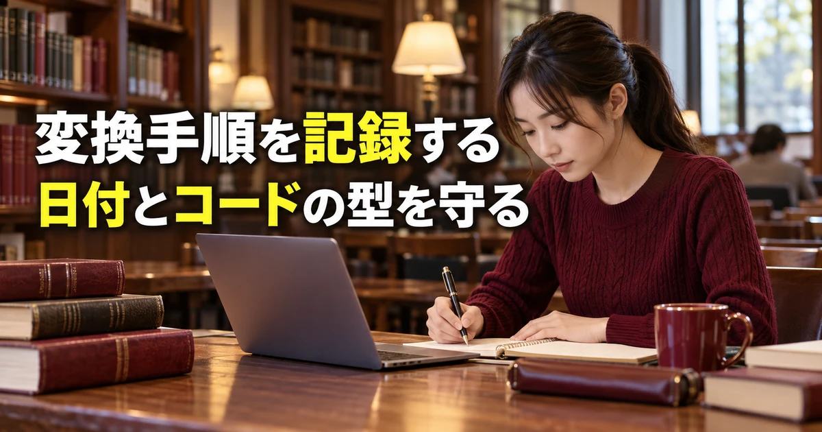 日付と商品コードの型を守りながら変換手順を整える説明用生成画像