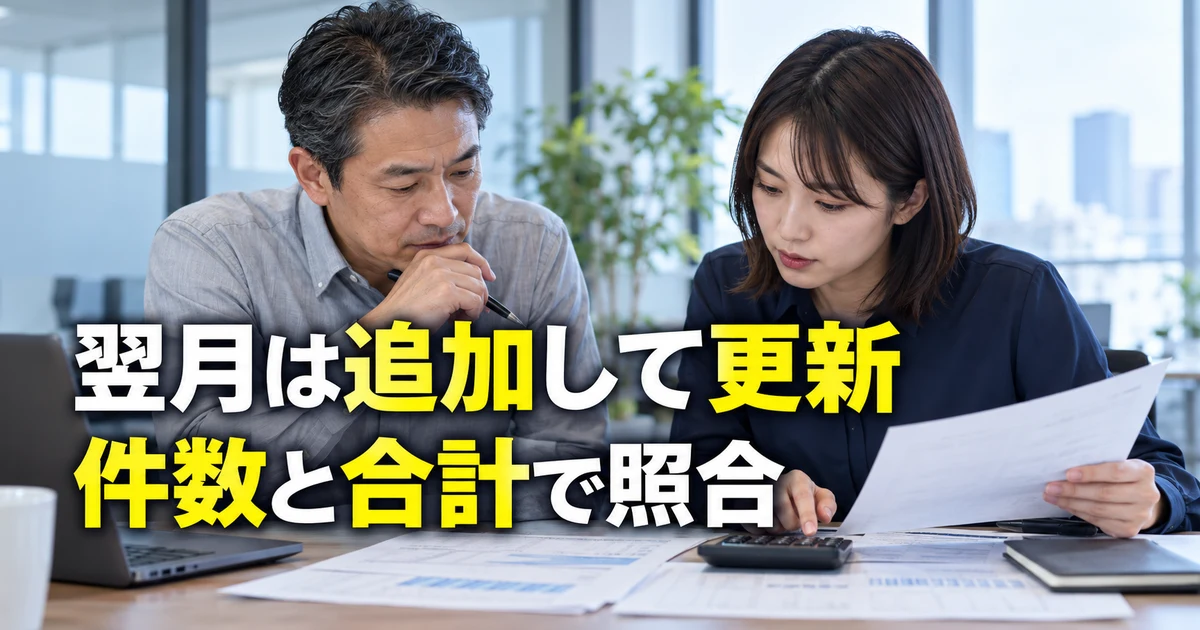 翌月ファイルを追加し更新結果を件数と合計で照合する説明用生成画像