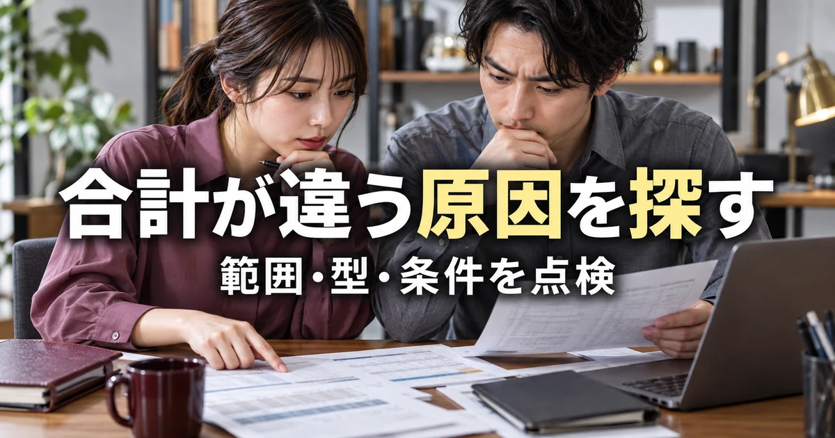 範囲・型・条件から合計が違う原因を探す二人の説明用生成画像