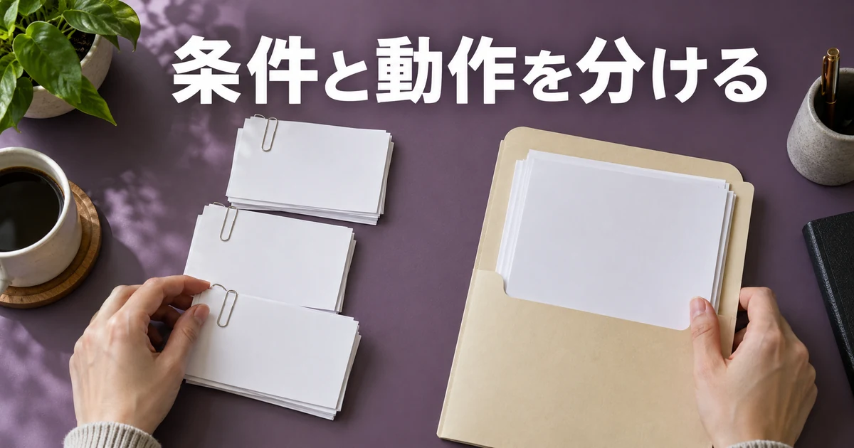 カードとフォルダーを分けて確認する手元と「条件と動作を分ける」の文字