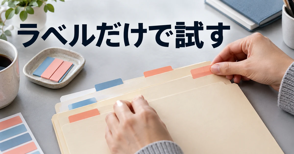 フォルダーに色付きの印を付ける手元と「ラベルだけで試す」の文字