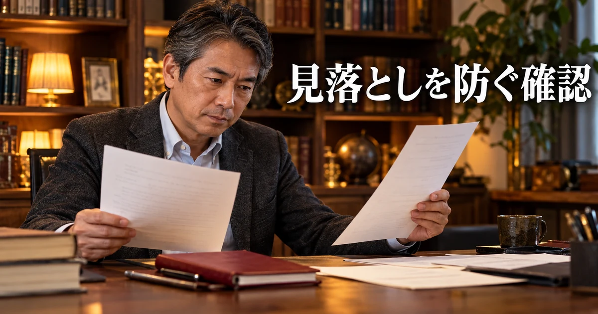 二つの資料を見比べる男性と「見落としを防ぐ確認」の文字