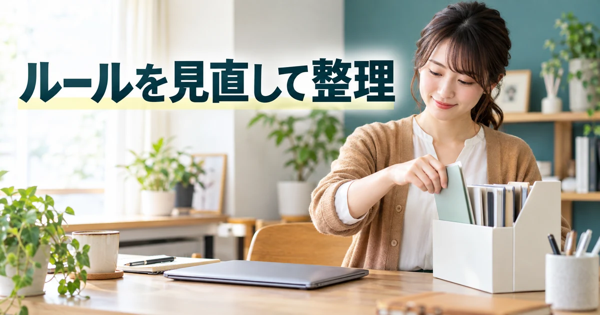 書類を整理する女性と「ルールを見直して整理」の文字