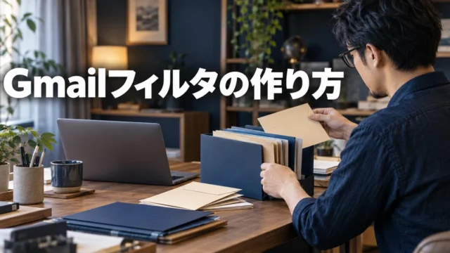 封筒や書類を整理する男性と「Gmailフィルタの作り方」の文字