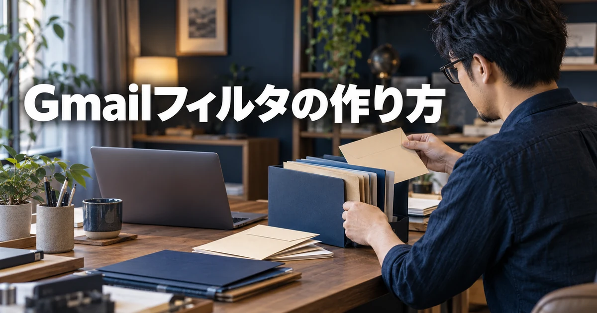 封筒や書類を整理する男性と「Gmailフィルタの作り方」の文字