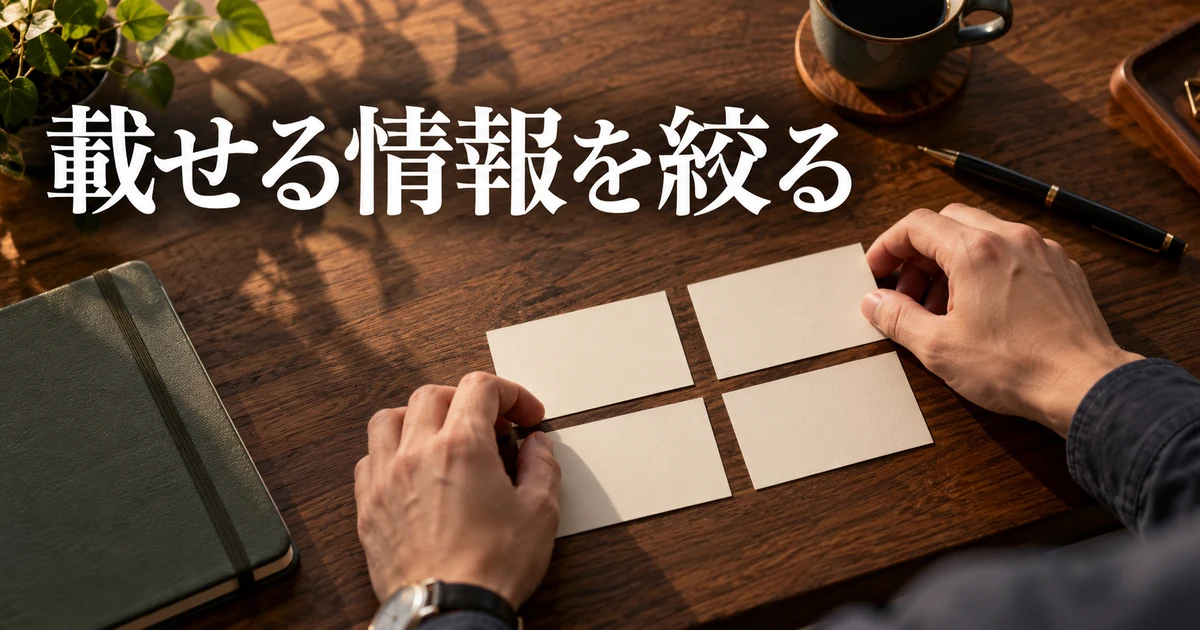 載せる情報を絞るの見出しと、木の机で四枚のカードを整理する手