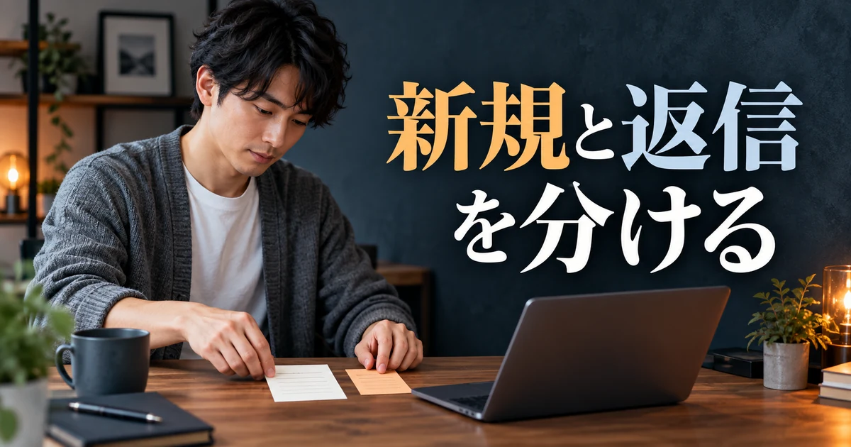 新規と返信を分けるの見出しと、長さの違う二枚のメモを確認する男性